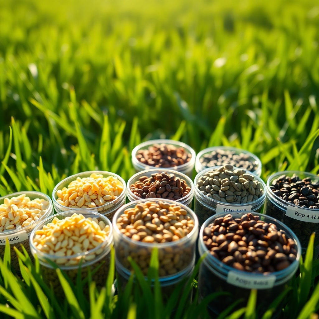 A close-up shot of various grass seeds in different colors and textures, displayed in small labeled containers against a backdrop of a lush, green lawn bathed in sunlight.  High-resolution, photorealistic, sharp focus.