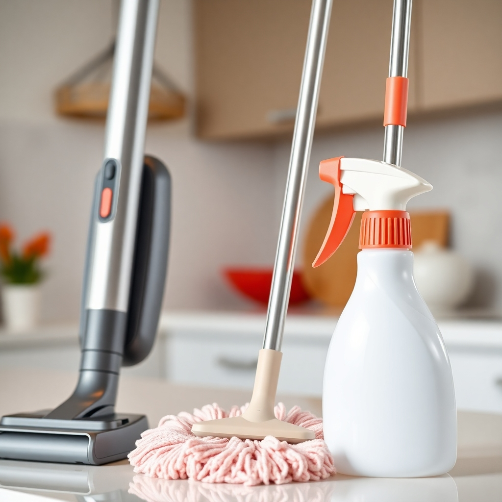 A close-up shot showcasing a variety of modern, ergonomic cleaning tools, such as a lightweight vacuum cleaner, a microfiber mop with an extendable handle, and a spray bottle with a comfortable grip.  The background should be a blurred, clean kitchen or bathroom setting. The tools should be clean and look easy-to-use.