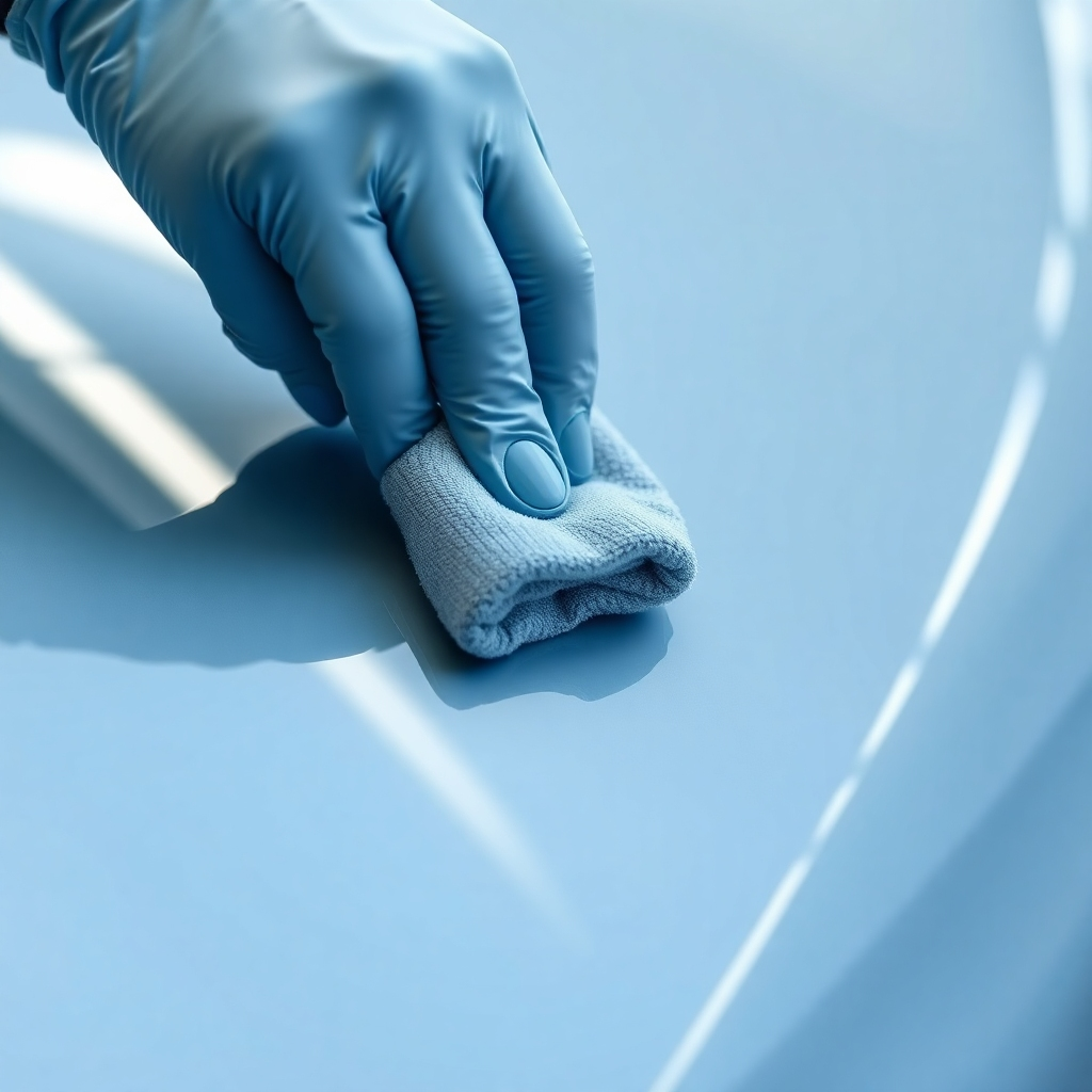 A close-up shot showcasing the application of ceramic coating to a car's paint. A gloved hand carefully applies the coating with a microfiber applicator. The car's paint is highly reflective, and the coating's glossy finish is clearly visible. High resolution, 8k, hyperrealistic, detailed, perfect lighting