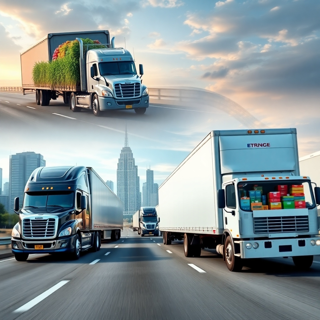 A composite image showing diverse trucking scenarios: a large truck carrying agricultural products on a highway, a smaller truck transporting manufactured goods in a city, and a refrigerated truck carrying perishable items. The background shows a blend of urban and rural settings, symbolizing the industry's wide reach.  High contrast, vibrant colors, photorealistic.