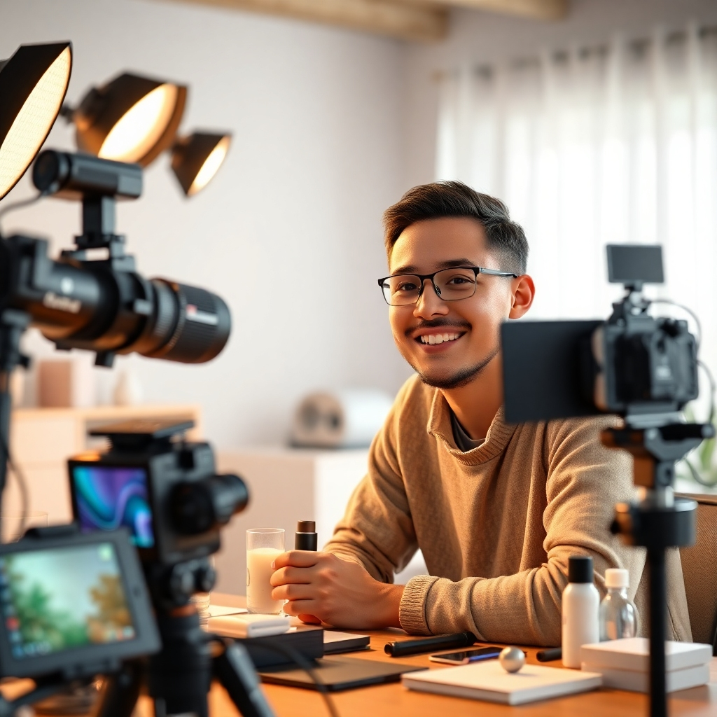 A content creator smiling confidently while recording a product review video, using professional lighting and equipment, surrounded by the products they are reviewing. Photorealistic style, bright and inviting atmosphere, high-quality image and video editing.