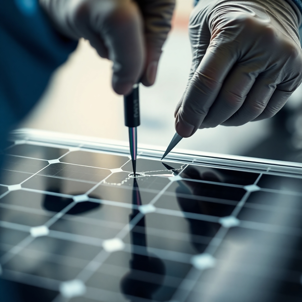 A detailed close-up photorealistic image showing a technician meticulously repairing a cracked solar panel. The technician is wearing gloves and using specialized tools to carefully remove the damaged section and replace it with a new one. The image should highlight the precision and care involved in the repair process, showing the intricate details of the solar panel's components. The background should be a clean, well-lit workspace.