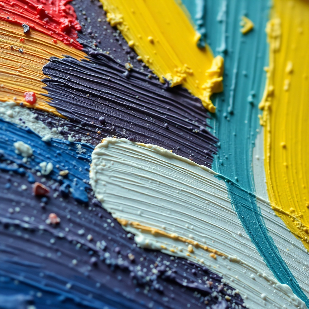 A detailed close-up photorealistic image showcasing a variety of brushstrokes on a canvas.  Include impasto, thin washes, and stippling techniques. The paint should be visibly textured, showing the different brush marks clearly.  The canvas should show a range of colors, highlighting the contrast of textures.