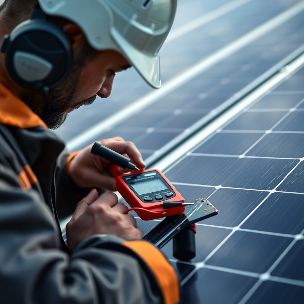 A detailed close-up shot of a technician carefully inspecting solar panels with a multimeter and other professional tools.  The image should showcase the precision and expertise involved in solar panel repair. The background should be a slightly blurred solar panel array.