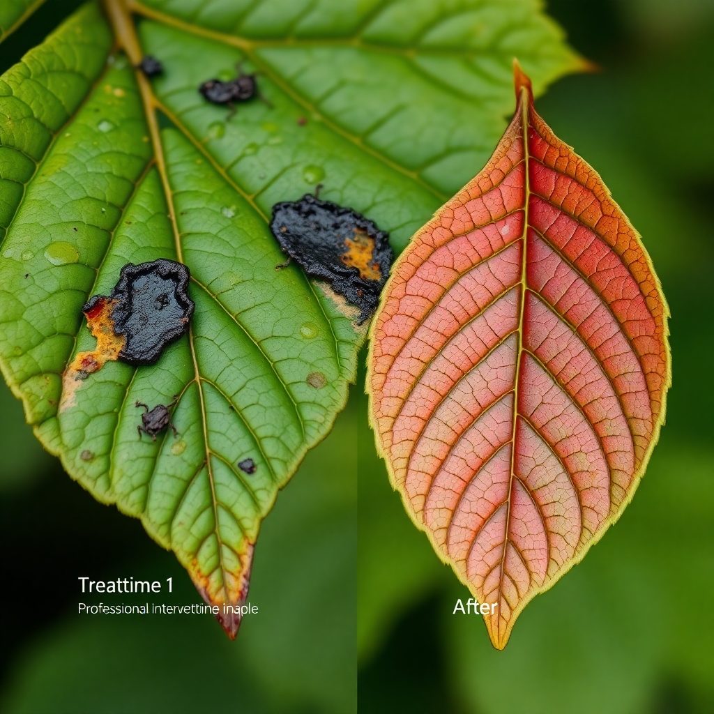 A detailed close-up shot of a tree leaf with visible signs of disease or pest infestation, alongside a second shot showing the same leaf after treatment, healthy and vibrant. The image should illustrate the effectiveness of professional intervention, contrasting the unhealthy and healthy states of the leaf.  Include small, clear text that explains the problem and the solution.