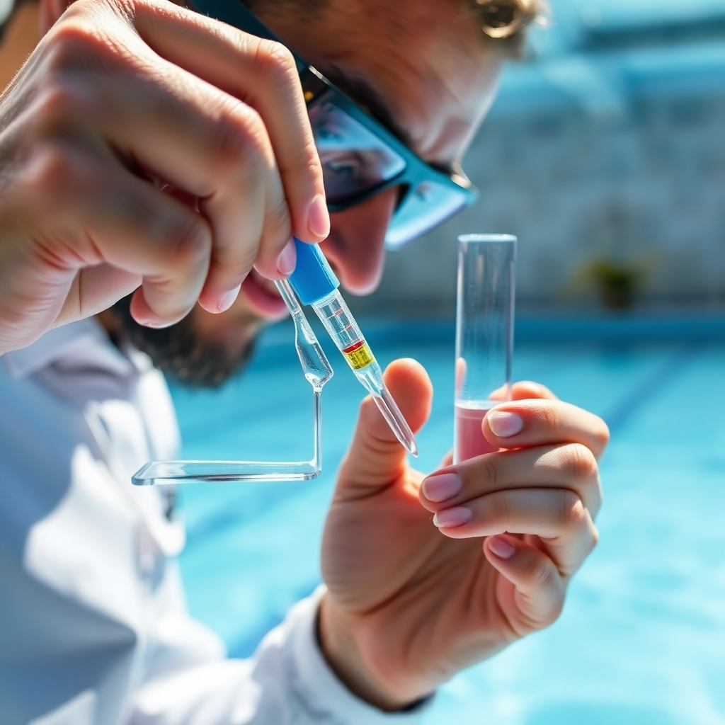 A detailed close-up shot of a pool technician meticulously testing the water chemistry of a swimming pool using a testing kit. The image should highlight the various testing components and the precise nature of the process. The background should subtly show a clean and well-maintained swimming pool, creating a visual connection between the chemical balancing and the overall pool health. The lighting should be bright and clear, highlighting the details of the test kit and the pool technician's focused expression.