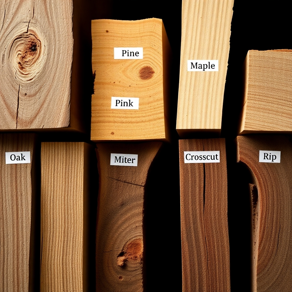 A detailed close-up shot showcasing various types of wood, such as oak, pine, and maple, with labels identifying each type.  Alongside, show examples of different cuts: miter, crosscut, and rip cuts, clearly labeled.  The image should be sharp, well-lit, and professionally styled.