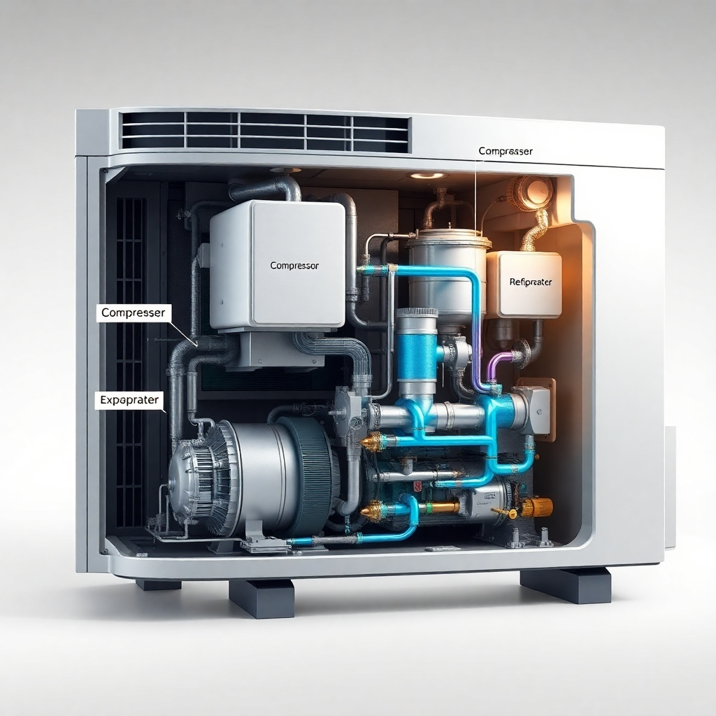 A detailed cutaway diagram of a central air conditioning unit, showcasing the refrigerant cycle with labels for compressor, condenser, evaporator, and expansion valve.  Use realistic textures and lighting to show the flow of refrigerant in different phases (liquid and gas). High resolution, photorealistic style.