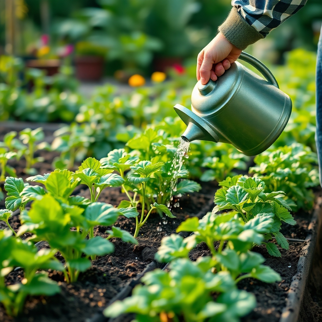 A detailed image of a gardener gently watering a row of young vegetable plants with a watering can.  The plants should be healthy and green, with visible signs of growth.  The background should showcase a lush garden with a variety of plants, creating a serene and productive atmosphere. The lighting should be soft and natural, emphasizing the details of the plants and the watering process.