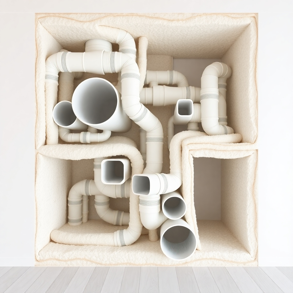 A detailed image of a section of a house wall cut away to show an extensive network of air ducts, both supply and return.  Show insulation around the ducts.  The image should be clean, bright, and photorealistic, clearly showing the various duct sizes and their pathways. High resolution, studio lighting.
