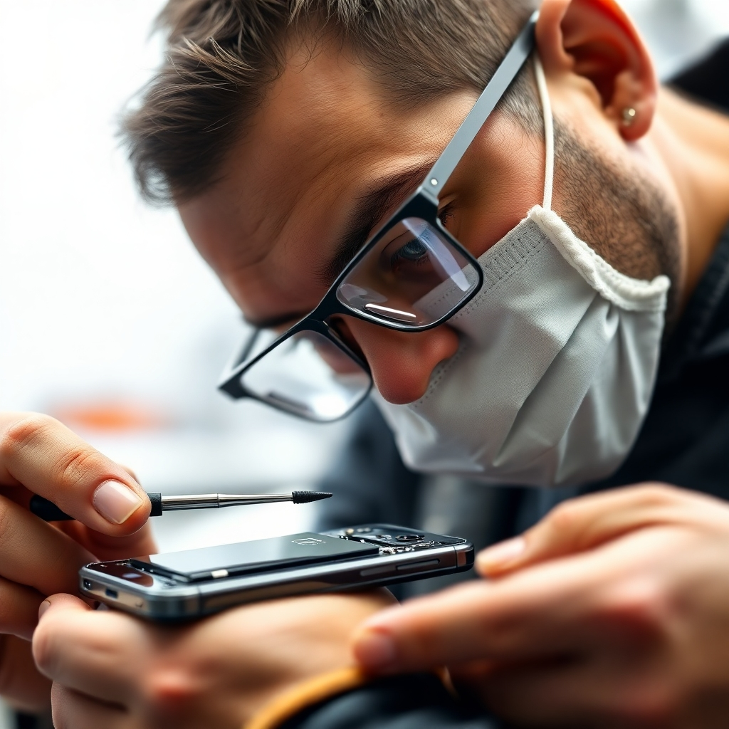 A detailed image of a technician skillfully replacing a smartphone battery.  Focus on the precision of the process, showing the tools and the careful handling of the battery. The image should have a clean, professional setting with bright lighting, highlighting the quality of the replacement battery. High resolution, photorealistic style.
