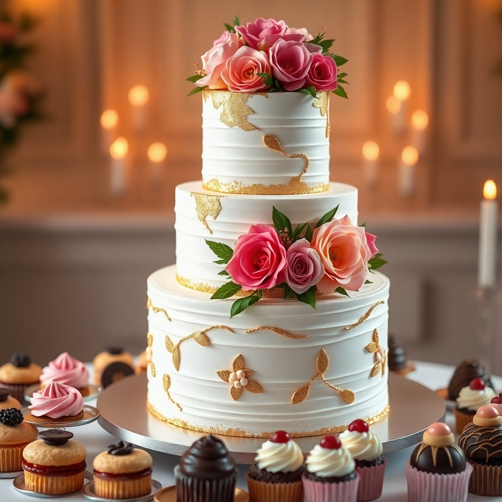 A detailed image showcasing a beautifully presented three-tiered wedding cake. The cake is intricately decorated with fresh flowers and edible gold leaf. Surrounding the cake are various delicious desserts such as macarons, cupcakes, and chocolate-covered strawberries. The scene is lit with warm, soft light. Style: Photorealistic, high-resolution image