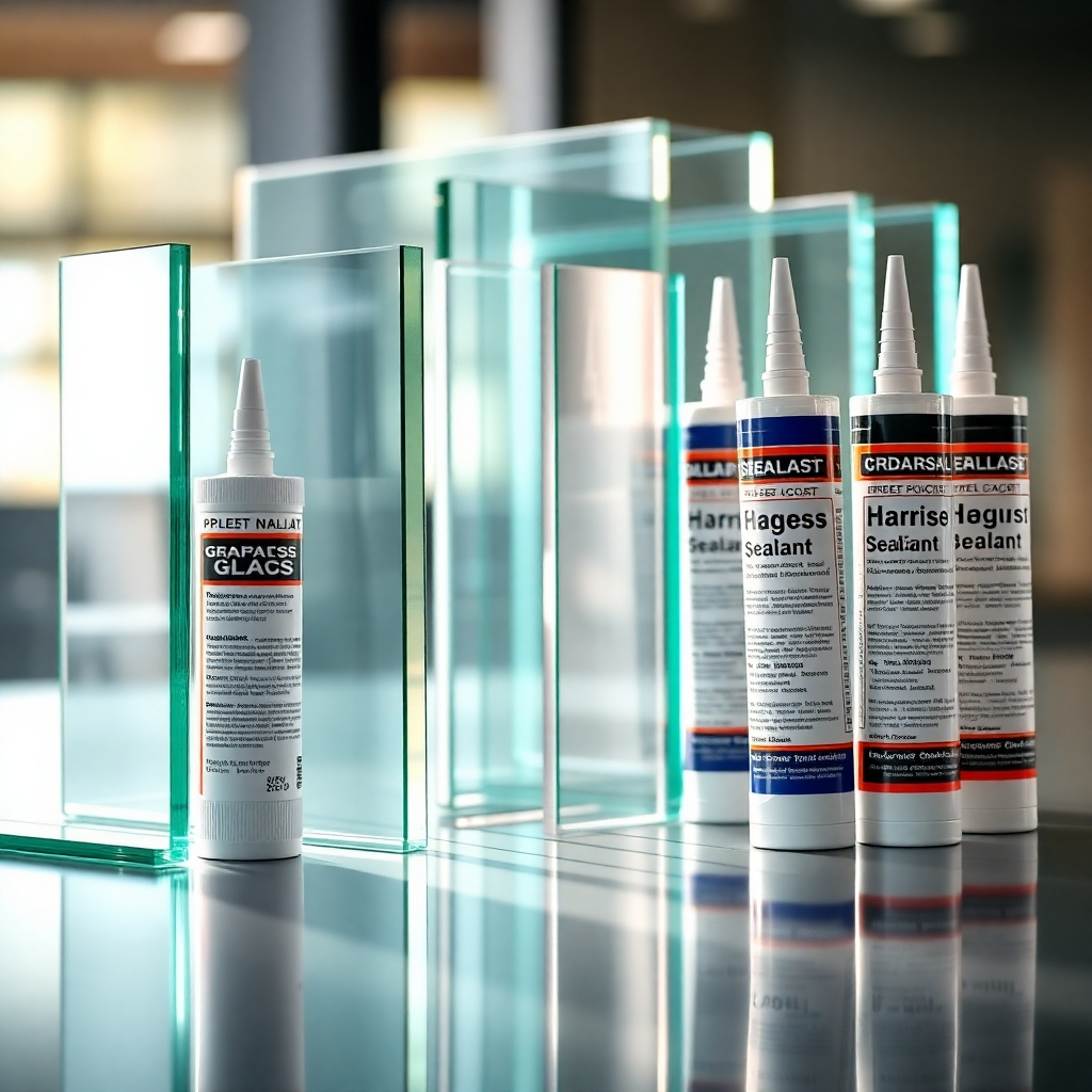 A detailed image showing a variety of high-quality glass types and sealants.  Include different thicknesses of glass, perhaps some tinted or insulated glass.  Show tubes of various sealants, emphasizing their professional grade and labeling.  The image should be sharp and well-lit, with the glass reflecting light and showcasing its clarity. The background should be subtly out of focus, drawing attention to the high-quality materials.