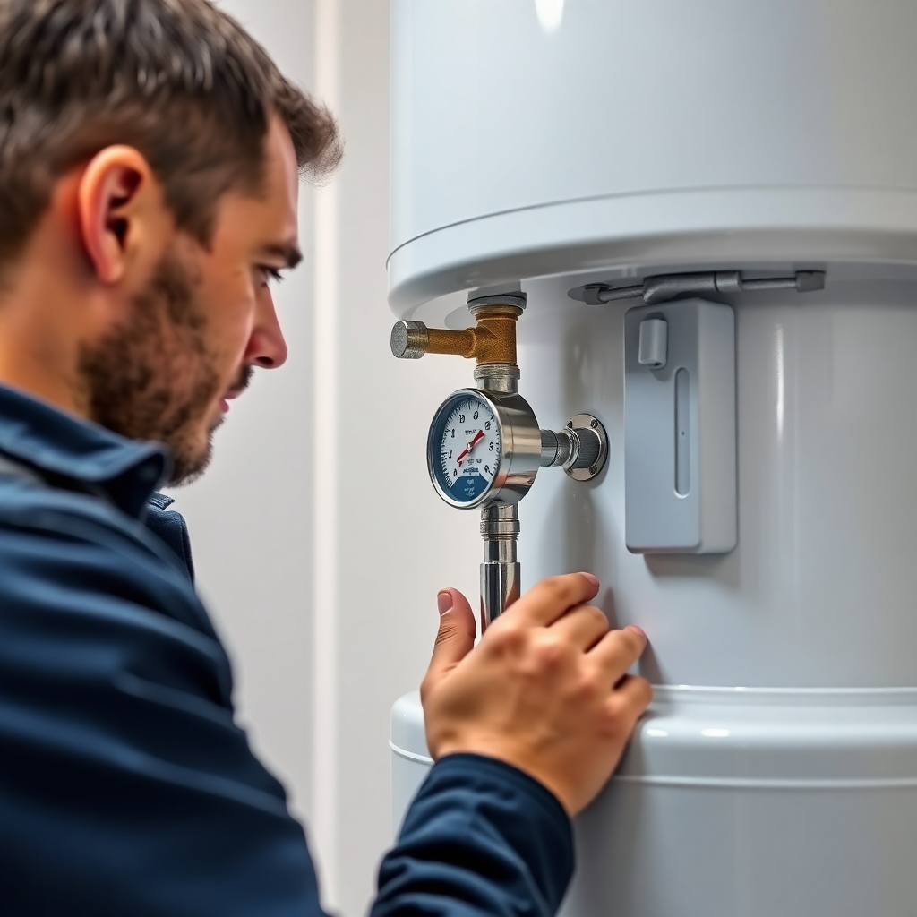 A detailed photorealistic image showing a plumber inspecting a water heater. Focus on the water heater's pressure relief valve and temperature/pressure gauge. The image should depict a clean, well-lit space, showcasing the plumber's tools and the water heater clearly. The image should be sharp and highlight the key components of the water heater.