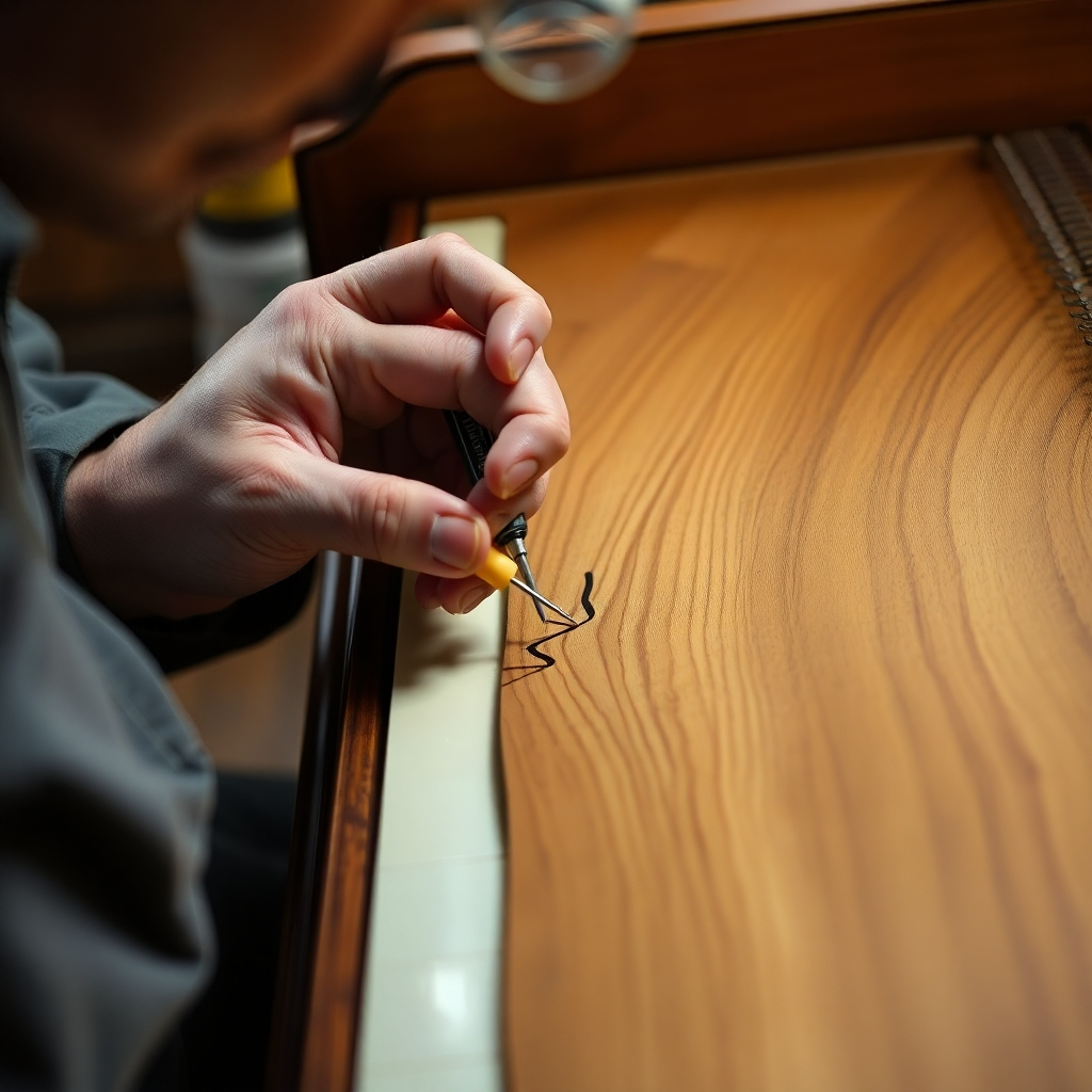A detailed photorealistic image showing a piano technician carefully repairing cracks in a piano's soundboard using specialized tools and glue. Focus on the intricate wood grain and the delicate repair process. High definition, 8k resolution