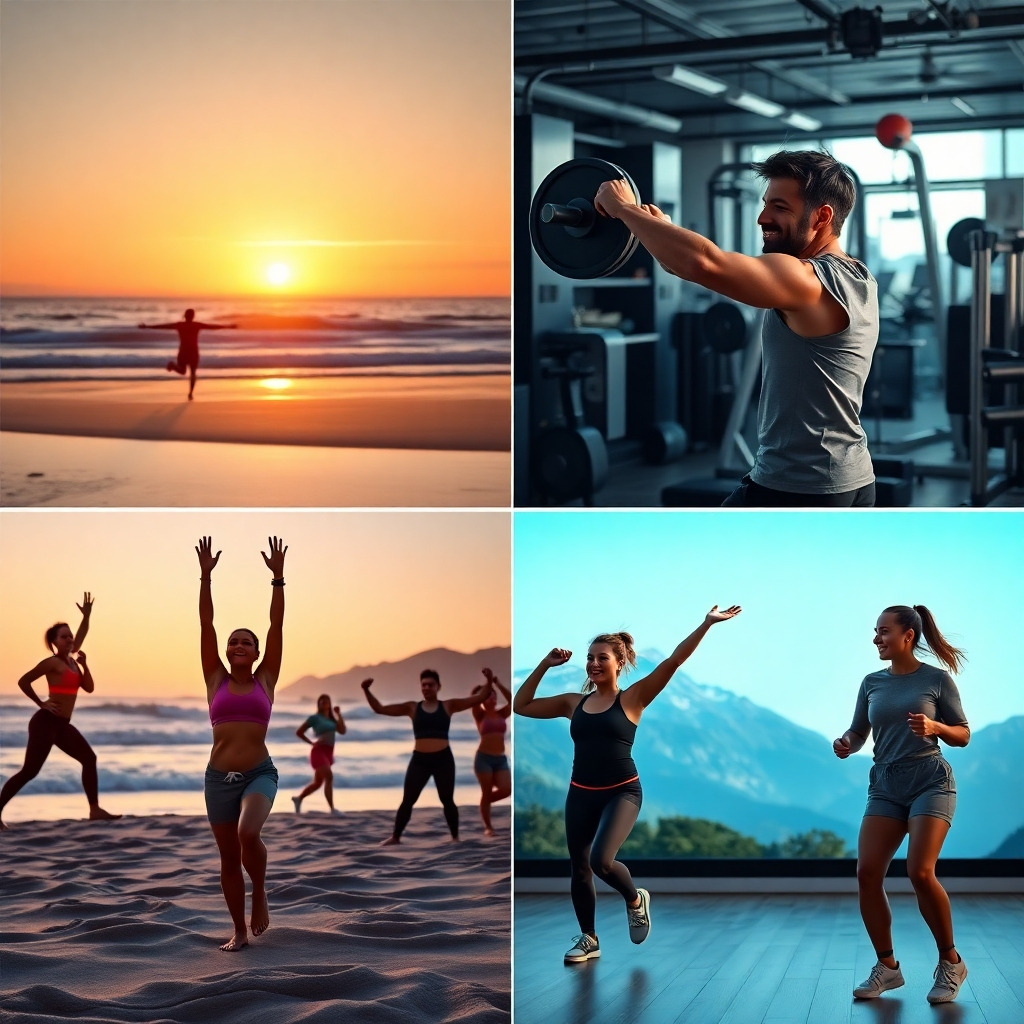 A diverse group of happy people participating in various fitness activities; yoga on a beach at sunrise, a person weightlifting in a gym, a group of friends hiking a mountain trail, and someone dancing in a lively studio. Photorealistic, vibrant colors, highly detailed, cinematic lighting