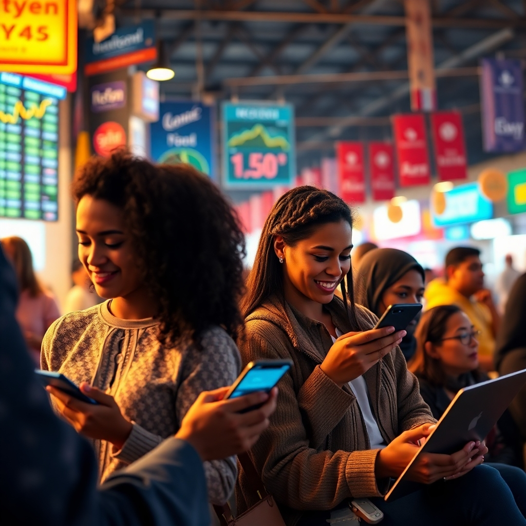 A diverse group of people from different backgrounds using smartphones and laptops to access DeFi applications.  The background should show a vibrant, multicultural marketplace with various financial indicators displayed subtly. Photorealistic, warm lighting, focus on expressions of empowerment and ease of use.