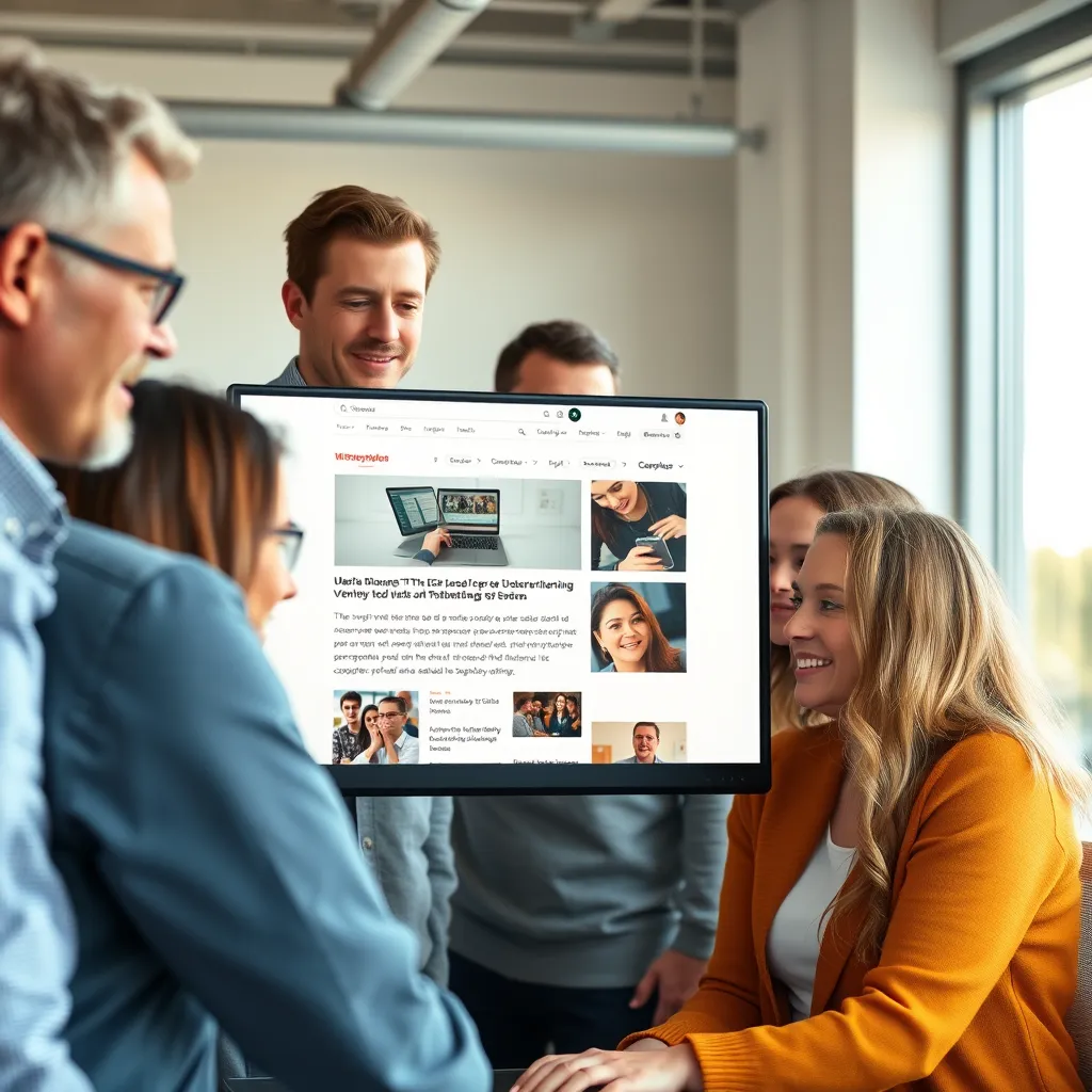  A diverse group of people of different ages and backgrounds, all looking at a computer screen with a blog post on it. The blog post should have a catchy headline and be visually appealing. The people should have expressions of interest and engagement on their faces. The background should be a modern office setting with natural light.