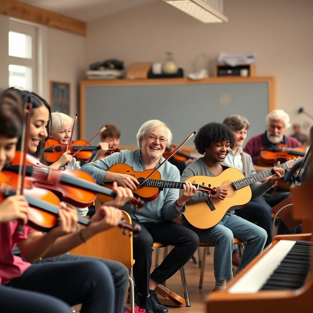 A diverse group of people, young and old, happily playing various instruments; violins, guitars, pianos, drums, in a bright, welcoming music classroom. Photorealistic, highly detailed, warm lighting, shallow depth of field, focus on the expressions of joy and engagement.