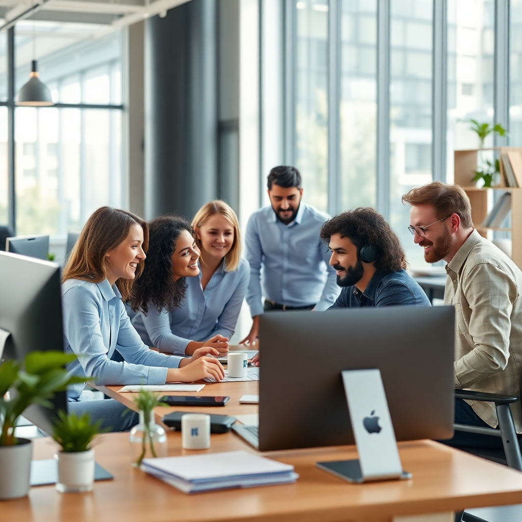 A diverse group of professionals working collaboratively on a project, some in a modern office, others remotely from home offices. Show a seamless blend of physical and virtual work environments.  Bright, airy spaces with natural light, conveying a sense of collaboration and flexibility. High-quality, photorealistic image.