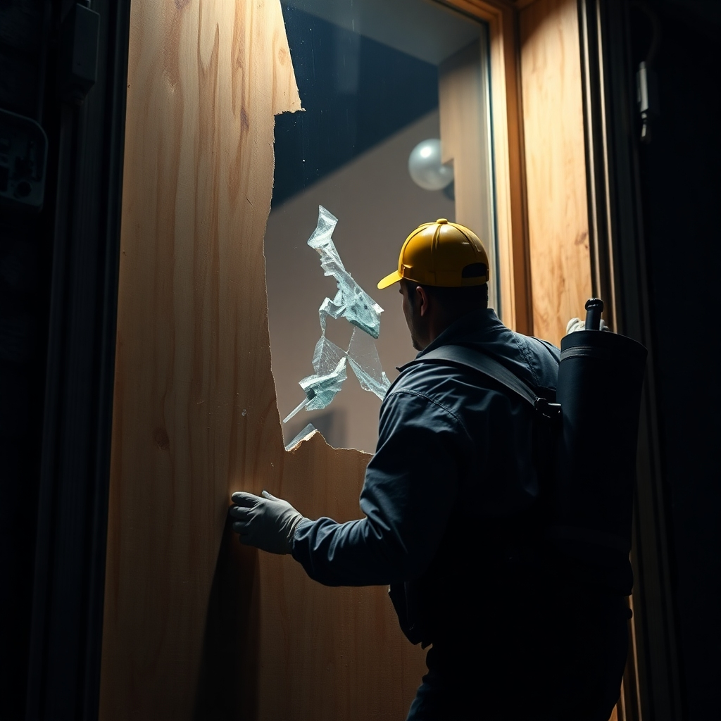 A dramatic image showing a technician swiftly and efficiently boarding up a large broken window on a building facade at night, using plywood and sturdy tools. The setting could be a damaged storefront after a break-in or a residential home after a storm. The image should portray a sense of urgency and professionalism, with a focus on safety and security.