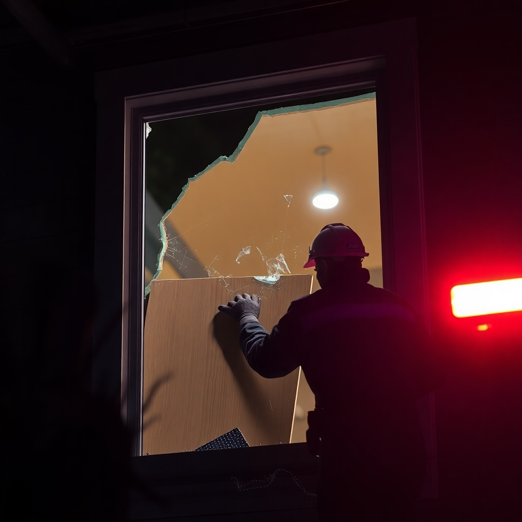 A dramatic, photorealistic image depicting a broken window in a home at night, with emergency lights flashing in the foreground. A technician is shown securing a temporary board over the broken window.  The image should convey a sense of urgency and the technician's professionalism. High-resolution, with a focus on the contrast between the damage and the swift response.