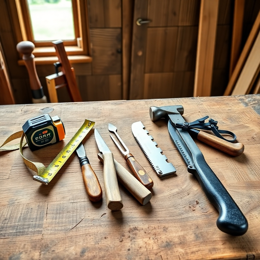 A flatlay photo of essential carpentry hand tools on a rustic wooden workbench.  Include a tape measure, hammer, chisel set, hand saw, and safety glasses.  The background should be a weathered wooden workshop with natural lighting.  High-resolution, photorealistic style.