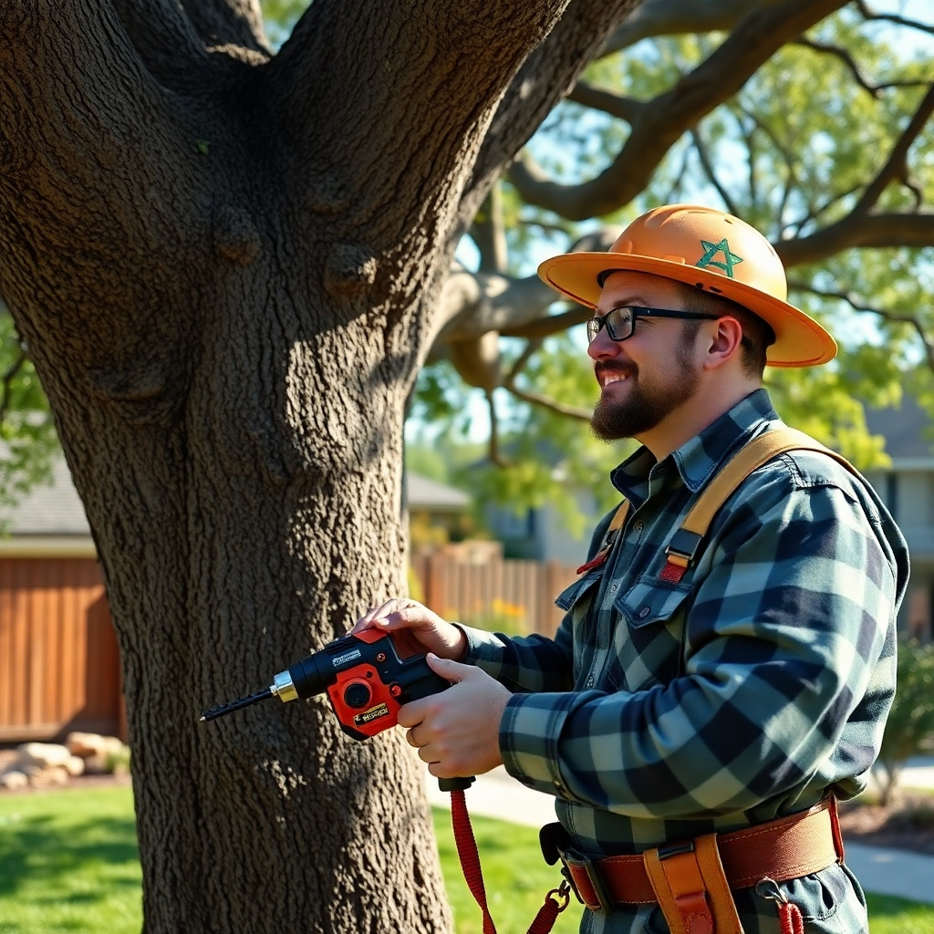 A friendly arborist using advanced tools to inspect a large oak tree in a residential backyard. The image should be sharp, detailed, and showcase the arborist's professionalism and the tree's overall health.  The background should be a sunny, suburban setting. Photorealistic style.