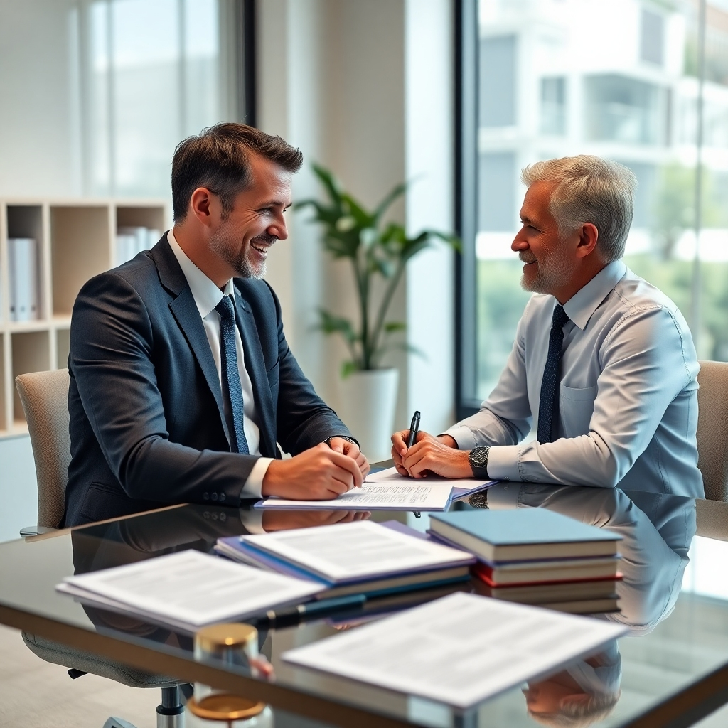 A friendly insurance broker sitting across from a client at a desk, attentively listening and taking notes, with various insurance policy documents subtly visible on the desk.  The setting should be a bright, modern office, conveying a sense of trust and professionalism.  High resolution, photorealistic style.