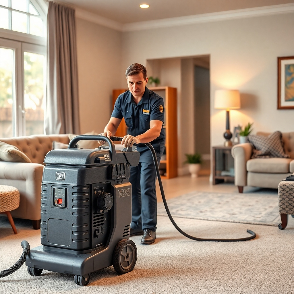 A friendly, uniformed technician operating a professional carpet cleaning machine in a living room setting. The carpet should be visibly clean. Image should be bright, friendly, and professional, photorealistic, 8k resolution