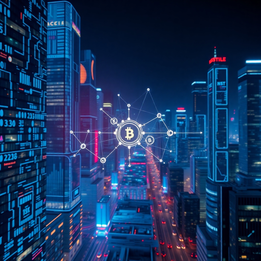 A futuristic cityscape at night, with holographic displays showing complex financial data streams and interconnected nodes representing blockchain transactions.  Focus on a central node pulsating with light, representing programmable money interacting with the system.  Highly detailed, photorealistic, vibrant colors.