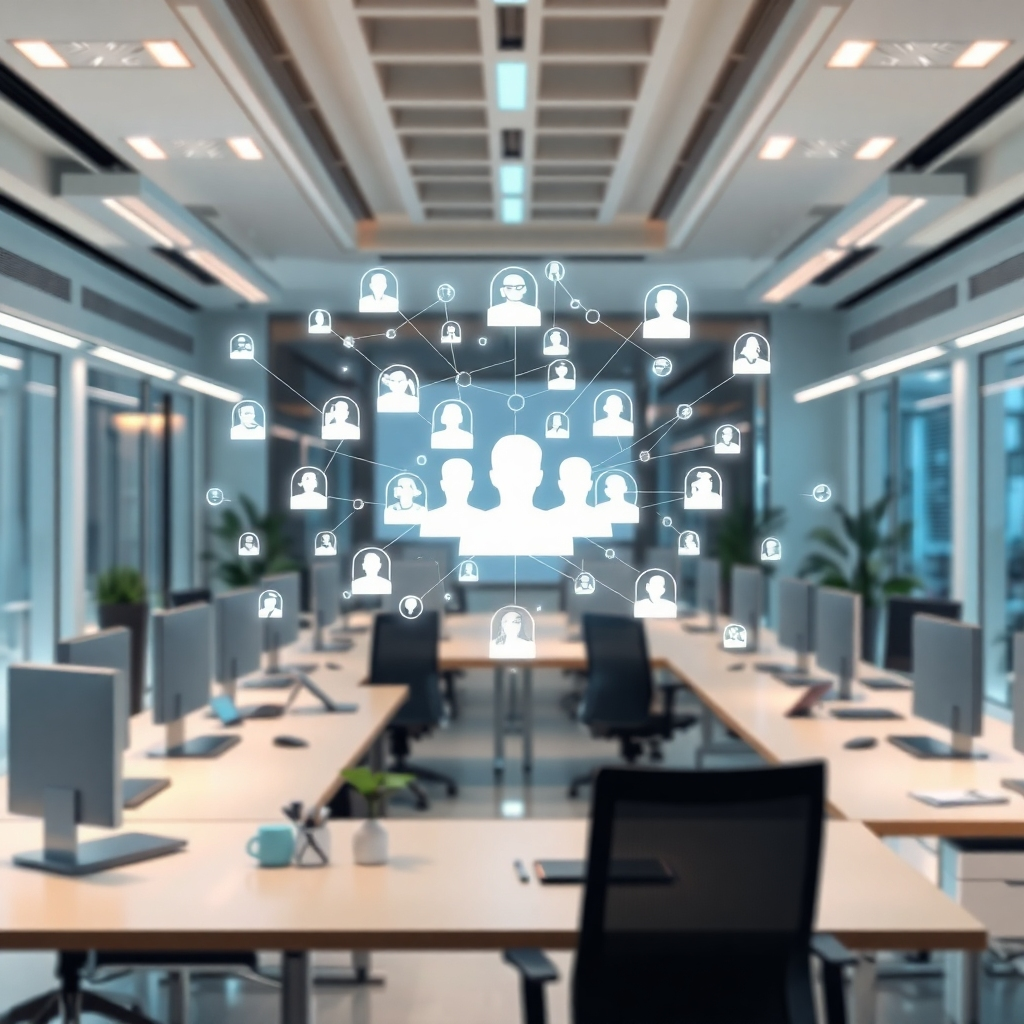 A futuristic, clean office interior with a holographic display showing a network of interconnected profiles, symbolizing AI matching candidates with jobs.  Bright, modern aesthetic, emphasizing technology and efficiency.  Focus on the holographic display as the central element.