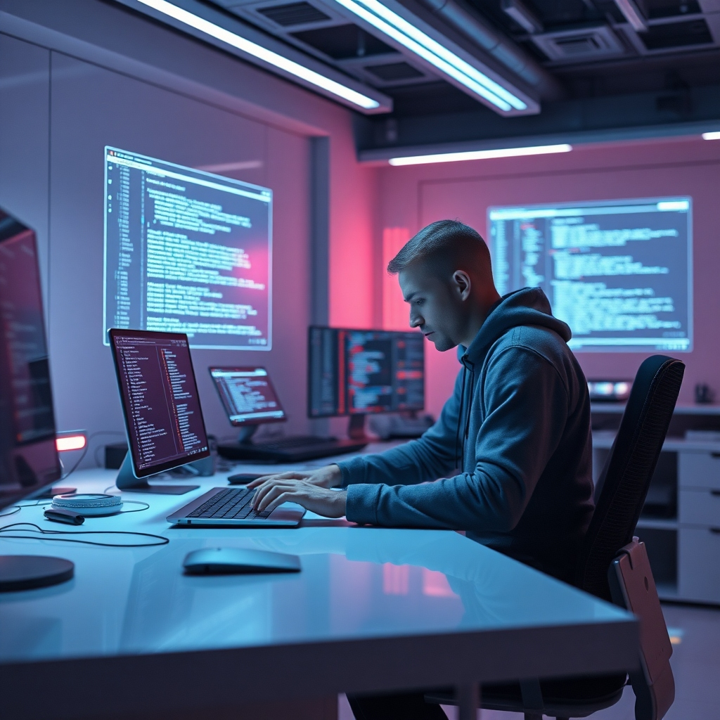 A futuristic, clean workspace with a developer using an AI-powered code editor; holographic displays show dynamic code changes and user interface mockups; the overall ambiance is sleek and technologically advanced; hyperrealistic, 8k resolution