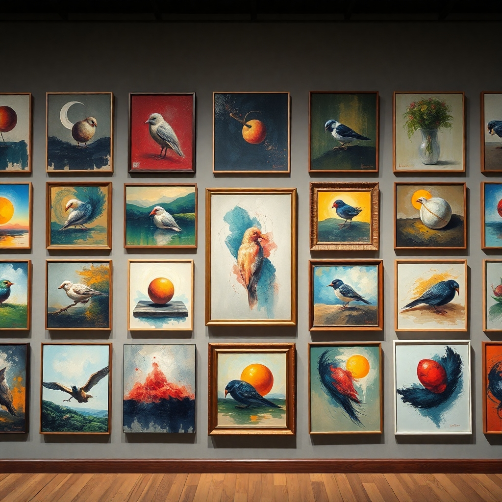 A gallery wall showcasing a diverse range of paintings, all in different styles (impressionistic, abstract, realism, etc.), but with a cohesive underlying aesthetic. High resolution, photorealistic.  Each painting should have a distinct brushwork and color palette but with a similar composition element - for example, a recurring subject or shape across all paintings.  The lighting should be even across all the art pieces.