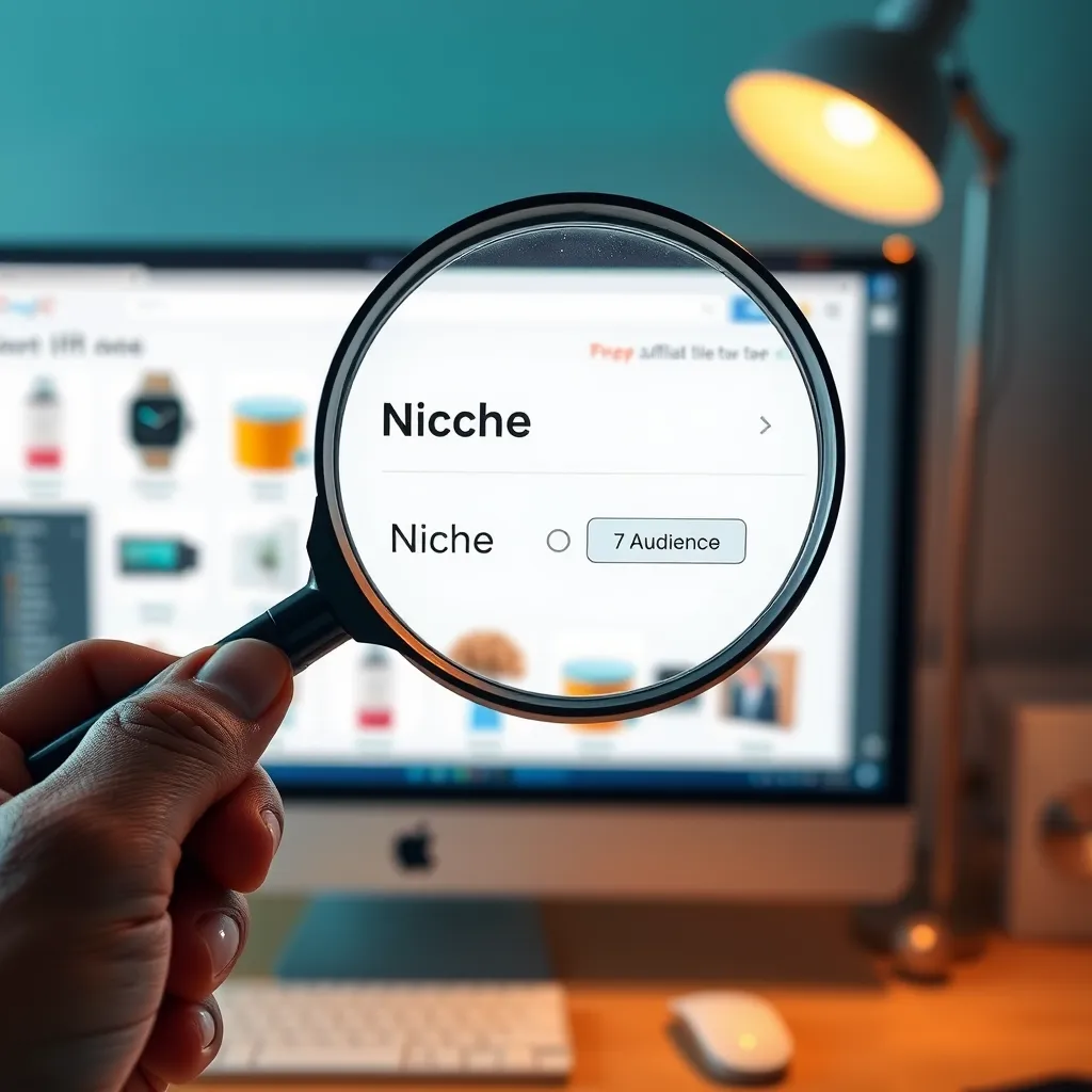 A hand holding a magnifying glass, focusing on a computer screen displaying various products, with a filter option labeled "Niche" and another labeled "Audience" applied to the screen, highlighting the process of selecting the right products for affiliate marketing.