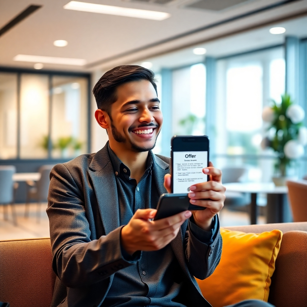 A happy candidate receiving a job offer notification on their phone, while sitting in a comfortable and modern waiting area of an office. The background should suggest a positive and welcoming work environment. Emphasize positive emotions and a user-friendly, streamlined process.
