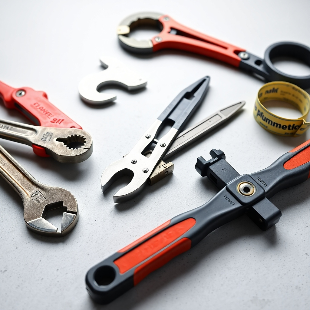 A high-angle, close-up photorealistic image of a neatly organized set of basic plumbing tools on a clean workbench, including adjustable wrenches, channel-lock pliers, a pipe cutter, a basin wrench, and a plumber's tape. The lighting should be bright and even, casting minimal shadows.  The background should be a clean, uncluttered light-grey surface. The image should emphasize the quality and sharpness of the tools.