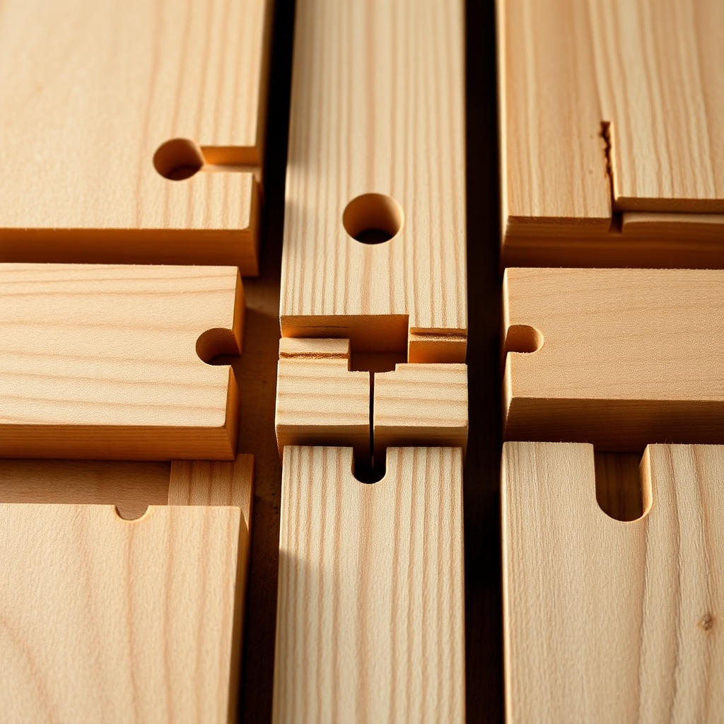 A high-angle, close-up shot of various types of basic wood joints, including butt, miter, and lap joints. Each joint should be clearly labeled and shown with precise craftsmanship.  The wood should be light-colored, showcasing the detail of each joint.  Photorealistic, studio lighting.