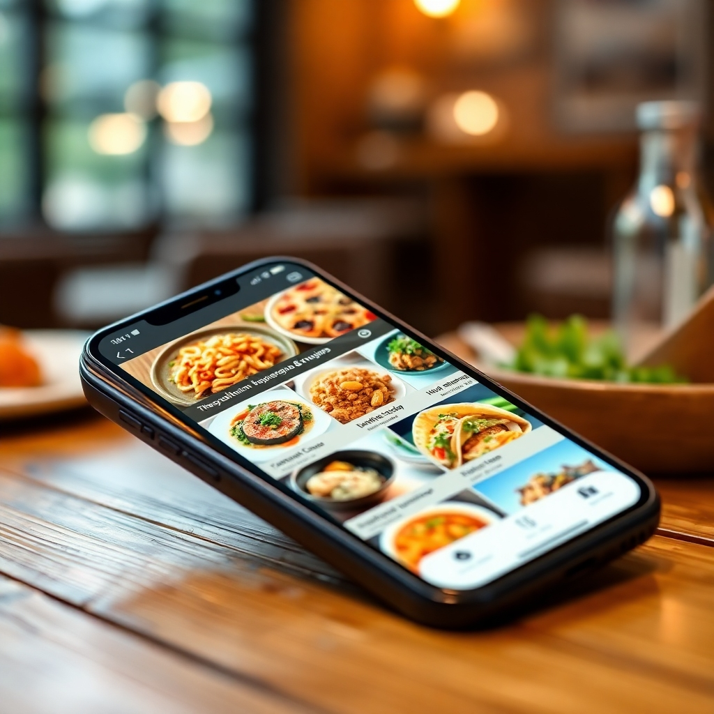 A high-angle, close-up shot of a smartphone displaying a diverse range of food options from various restaurants on a food delivery app. The background should be blurred, but the food images on the screen should be crisp and vibrant, showcasing different cuisines like Italian pasta, sushi, Indian curry, and Mexican tacos. The phone should be placed on a rustic wooden table with soft, warm lighting.