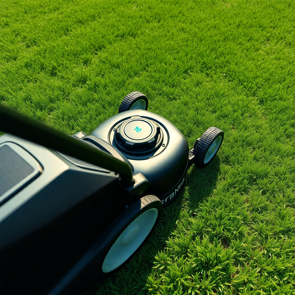 A high-angle, close-up shot of a perfectly cut lawn with a sharp, modern lawnmower parked neatly beside it. The grass is short and uniform, showing a freshly mown texture with a rich, green color. The image should have high detail and a photorealistic style.