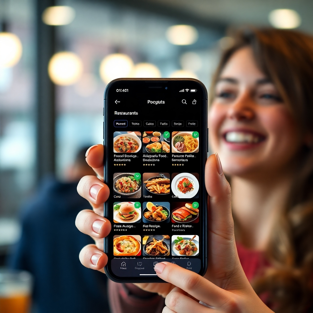 A high-resolution image displaying a phone screen showcasing a vibrant and diverse food delivery app interface.  The screen should clearly show various cuisines, restaurants with high-quality food photos, and customer ratings. The background should subtly feature a person looking happily at their phone, overwhelmed with choices. The style should be clean and modern, emphasizing the ease of use and wide variety of options.
