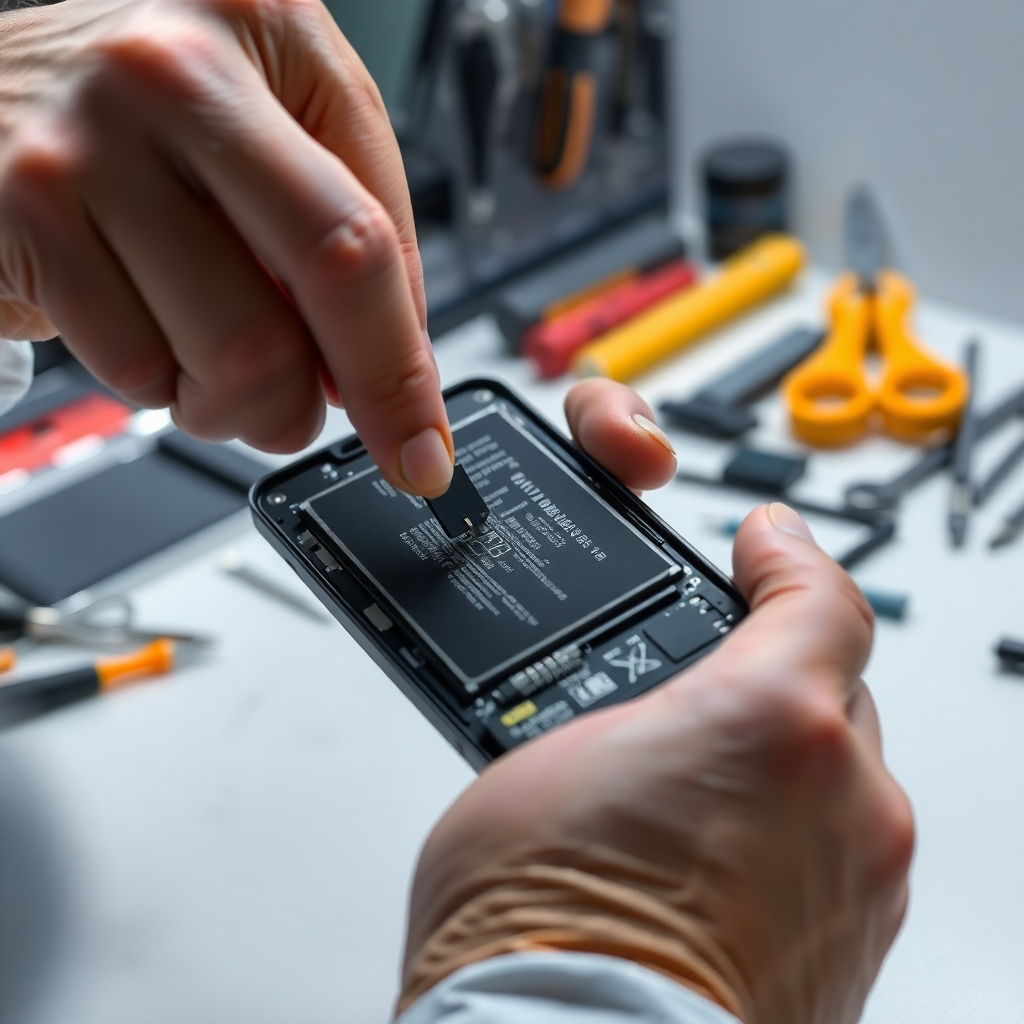 A high-resolution, photorealistic image depicting a close-up of a technician's hands carefully installing a new smartphone battery. The image should showcase the quality of the battery and the precision of the repair process. The background should be a well-lit, clean workspace with various repair tools neatly organized.