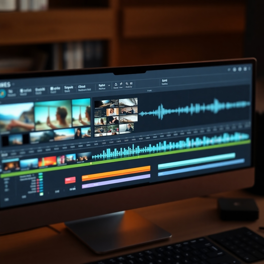 A high-resolution, photorealistic image of a computer screen displaying a video editing timeline with various clips, transitions (like cross dissolves and wipes) and audio waveforms clearly visible. The style should be clean and professional, with a focus on the editing process itself.