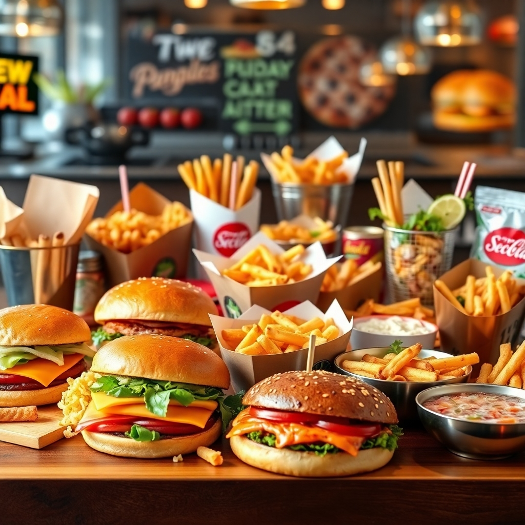 A high-resolution, photorealistic image showcasing a table laden with a variety of fast food from different restaurants. Include burgers, pizza, noodles, and other popular choices. The image should be visually appealing and highlight the diversity of options.