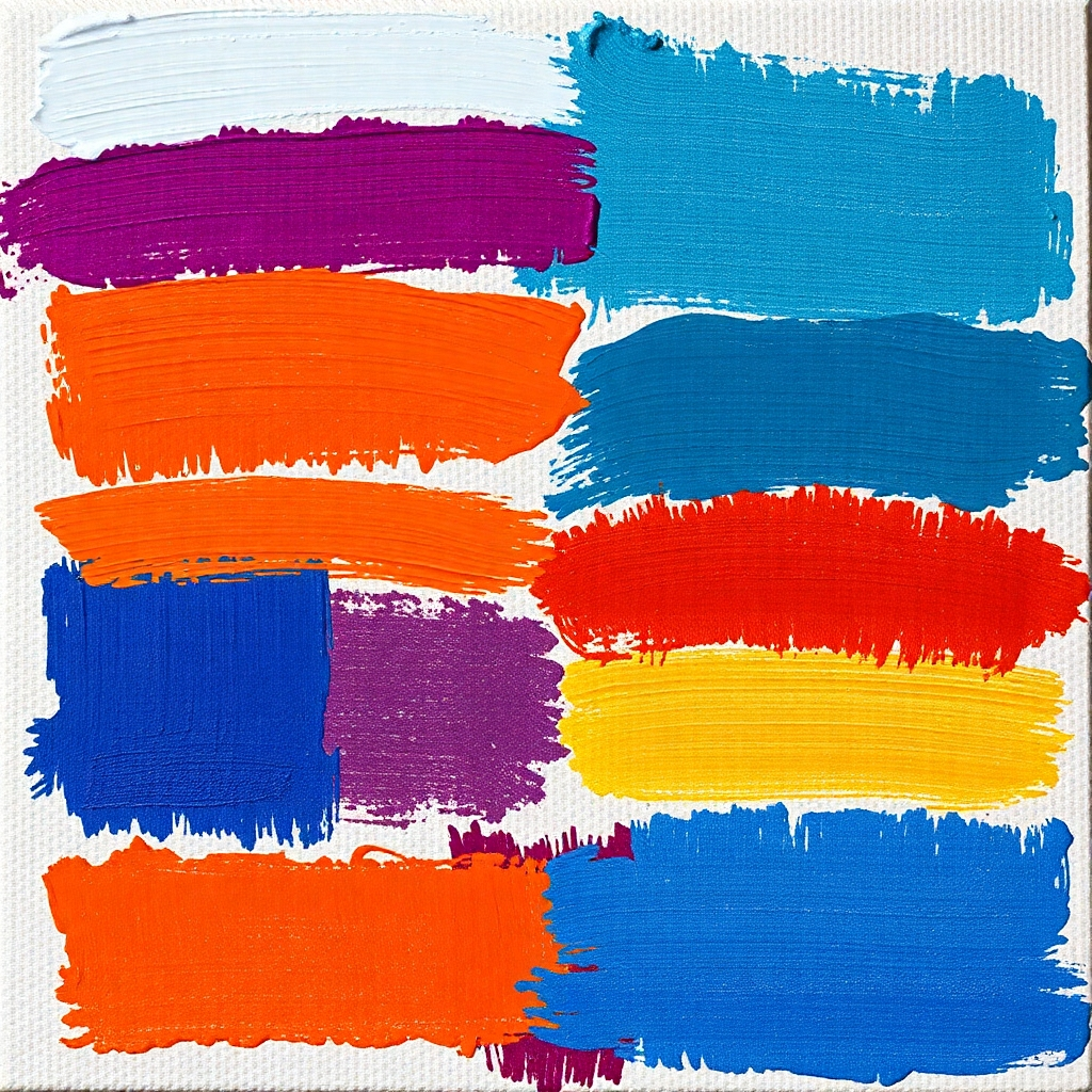 A high-resolution photorealistic image showcasing a variety of brushstrokes on a canvas.  Include examples of thin washes, thick impasto strokes,  scumbling, stippling, and blending techniques. The paint should be richly textured and vibrant, with visible brush marks. The background should be blurred slightly to emphasize the brushstrokes on the canvas.