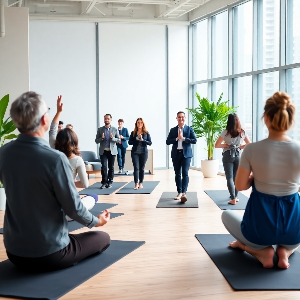 A hyperrealistic, 8K resolution image of a corporate yoga workshop. The scene is set in a modern, bright office space with large windows and minimalist furniture.  The lighting is soft and diffused, creating a calming atmosphere. A group of diverse office employees (men and women, various ages) are participating in a restorative yoga class. They are dressed in business casual attire, participating in simple restorative yoga poses. The yoga instructor, radiating calm professionalism, is guiding the class through a gentle sequence. The color palette is professional yet calming: soft grays, blues, and neutrals, with subtle pops of calming green from office plants. The camera angle is slightly elevated, capturing the entire group in a wide shot. The image conveys a sense of calm, productivity, and wellbeing in the workplace. The focus is sharp on the employees, with the background subtly blurred. The texture of office furniture and clothing materials should be visible and highly detailed. The style should resemble high-end corporate lifestyle photography, showcasing serenity within a professional context. The overall mood is one of teamwork, stress reduction, and professional development.