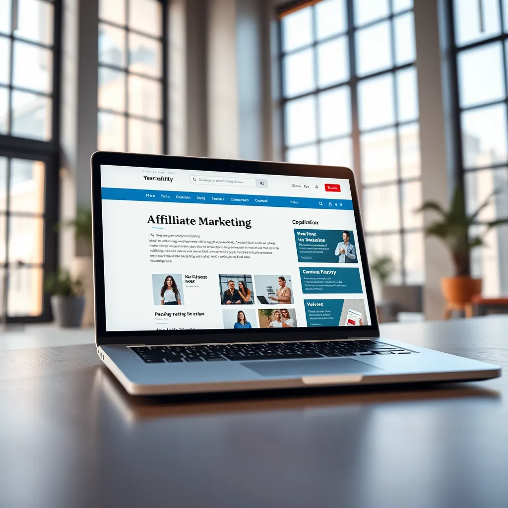 A hyperrealistic, 8K resolution image of a laptop computer with a bright, modern website open on the screen. The website features a clean, intuitive design with high-quality images and captivating copy. The content focuses on affiliate marketing and features engaging articles, product reviews, and calls to action. The image is set in a contemporary office space, bathed in natural light streaming through large windows. The camera angle is slightly tilted, creating a dynamic and inviting perspective. The color palette is vibrant and professional, with a focus on clean white space and bold accents. The image conveys a sense of professionalism and authority, inviting viewers to explore the website and learn more about affiliate marketing. The image is highly detailed, capturing the intricate textures of the laptop, the screen's display, and the surrounding office environment. The overall composition is balanced and visually appealing, drawing the viewer's attention to the website's content and design.
