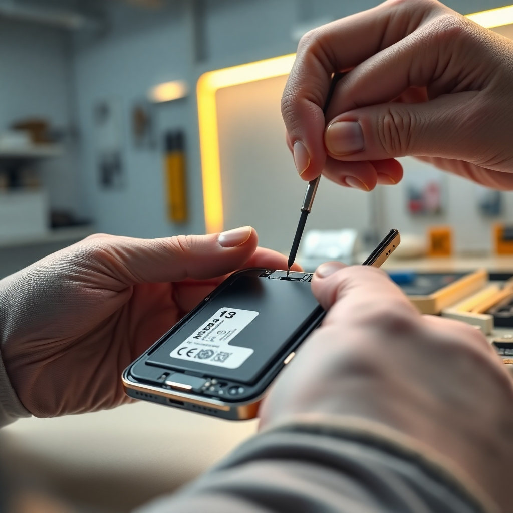 A hyperrealistic image, 8K resolution, showcasing the replacement of a smartphone battery. The scene is set in a brightly lit, modern repair shop with warm, inviting lighting. The color palette emphasizes the clean, professional nature of the shop, using cool grays and subtle gold accents. The camera angle is a close-up, focusing on the technician's hands as they carefully install a new battery into an iPhone 13. The texture of the phone's casing is clearly visible, with subtle reflections from the light.  The new battery is pristine and clearly labeled.  The background includes neatly arranged tools, including specialized screwdrivers and suction cups.  The overall style is akin to a high-end product photography, emphasizing the quality and care taken during the process. The image is ultra-detailed, showcasing the precision and care in each step. Environmental elements include the subtle reflection of light off the metallic tools and parts. The image should portray a sense of quality and professionalism, inspiring trust in the service provided. This shot should evoke a feeling of ease and confidence. The image should emphasize the process, emphasizing precision and care in detail.  In the style of a National Geographic photographer, capturing the precision and detail. 