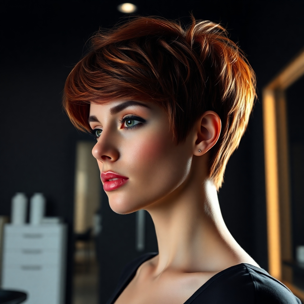 A hyperrealistic image, 8K resolution, depicting a stylish woman with a perfectly executed pixie cut. The hair is a rich, deep auburn color, with subtle highlights adding dimension.  The lighting is dramatic side lighting, highlighting the texture and shape of the cut. The overall mood is sharp, sophisticated, and edgy. The camera angle is a three-quarter view, showcasing the haircut's angles and texture. The hair's texture is short, choppy, and slightly tousled, conveying a sense of effortless chic. The background is a sleek, modern salon with dark walls and minimalist décor, creating a dramatic contrast with the vibrant hair color.  The style is inspired by the minimalist aesthetic of contemporary fashion photography. The woman wears simple, elegant makeup that complements the hairstyle. The image should capture the precision and artistry of the haircut, showcasing its texture, shape, and volume in great detail.  The level of realism should be exceptional, capturing the shine and movement of the hair.