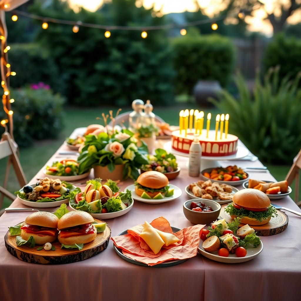 A hyperrealistic image, 8K resolution, depicting a private birthday party catering setup outdoors at dusk. A beautifully set table with rustic wooden elements, soft pastel tablecloths, fairy lights are elegantly arranged around the table. The main focus is on a selection of freshly prepared food that includes vibrant salads, gourmet burgers, beautifully presented appetizers and a birthday cake with candles.  Soft, warm lighting illuminates the scene; the golden hour light adds a touch of magic. The background is a garden setting, soft-focus trees and bushes forming a lush backdrop. The camera angle is from a slightly lower position, showcasing the food beautifully and creating a sense of intimacy. The style is inspired by the work of renowned lifestyle and food photographer, Jenny Nelson.  The texture of the wood, the soft fabric of the tablecloths, the juiciness of the food – all should be meticulously detailed. The color palette consists of warm, earthy tones with pops of vibrant colors from the food. The overall mood should feel relaxed, intimate, joyous, and create a warm, inviting atmosphere. 
